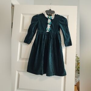 Vintage Velvet Girl's Dress with Lace Trim - Dark Green